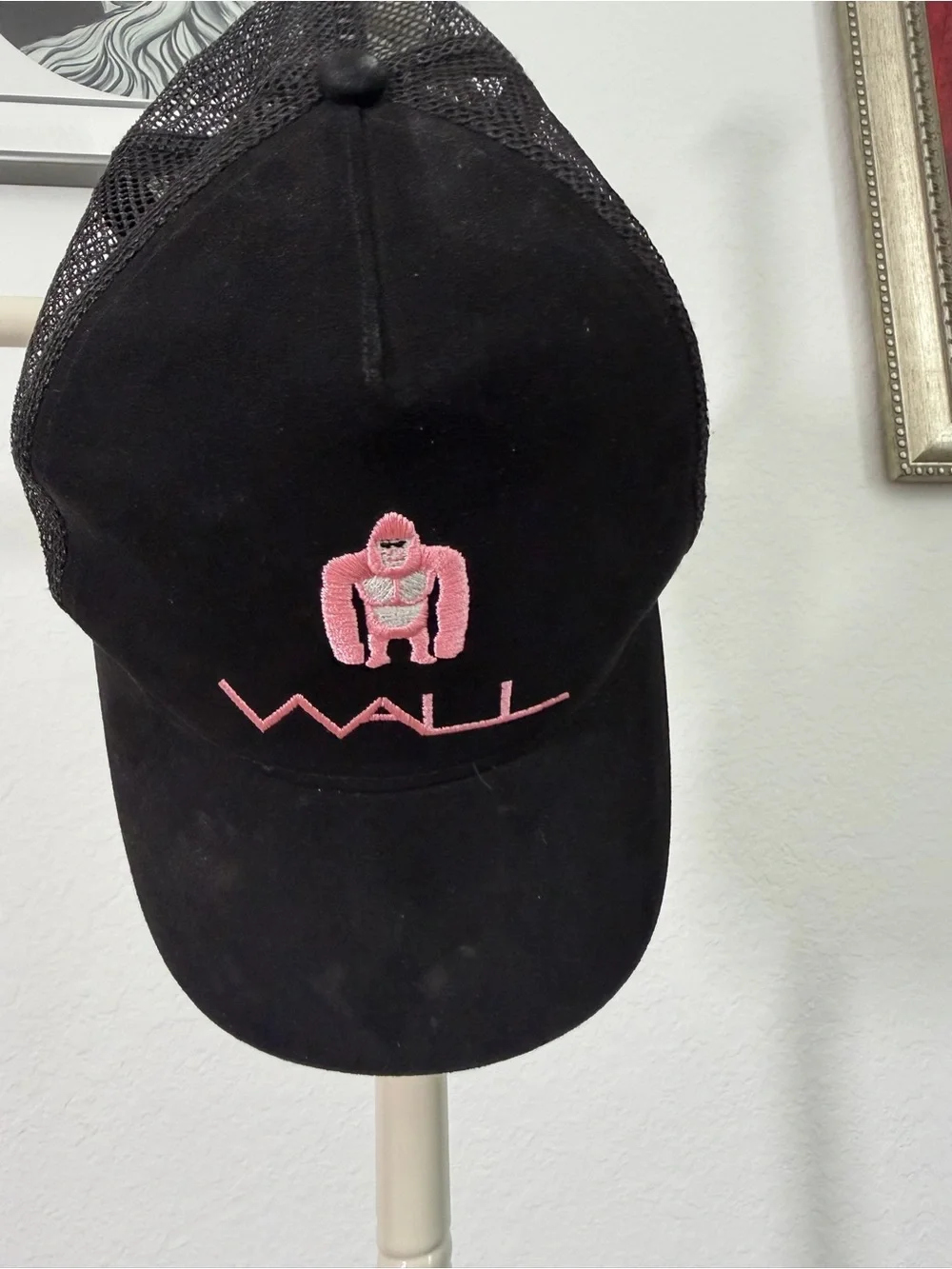 PINK Victoria's Secret Black Trucker Hat with Pink Embroidered Gorilla Logo